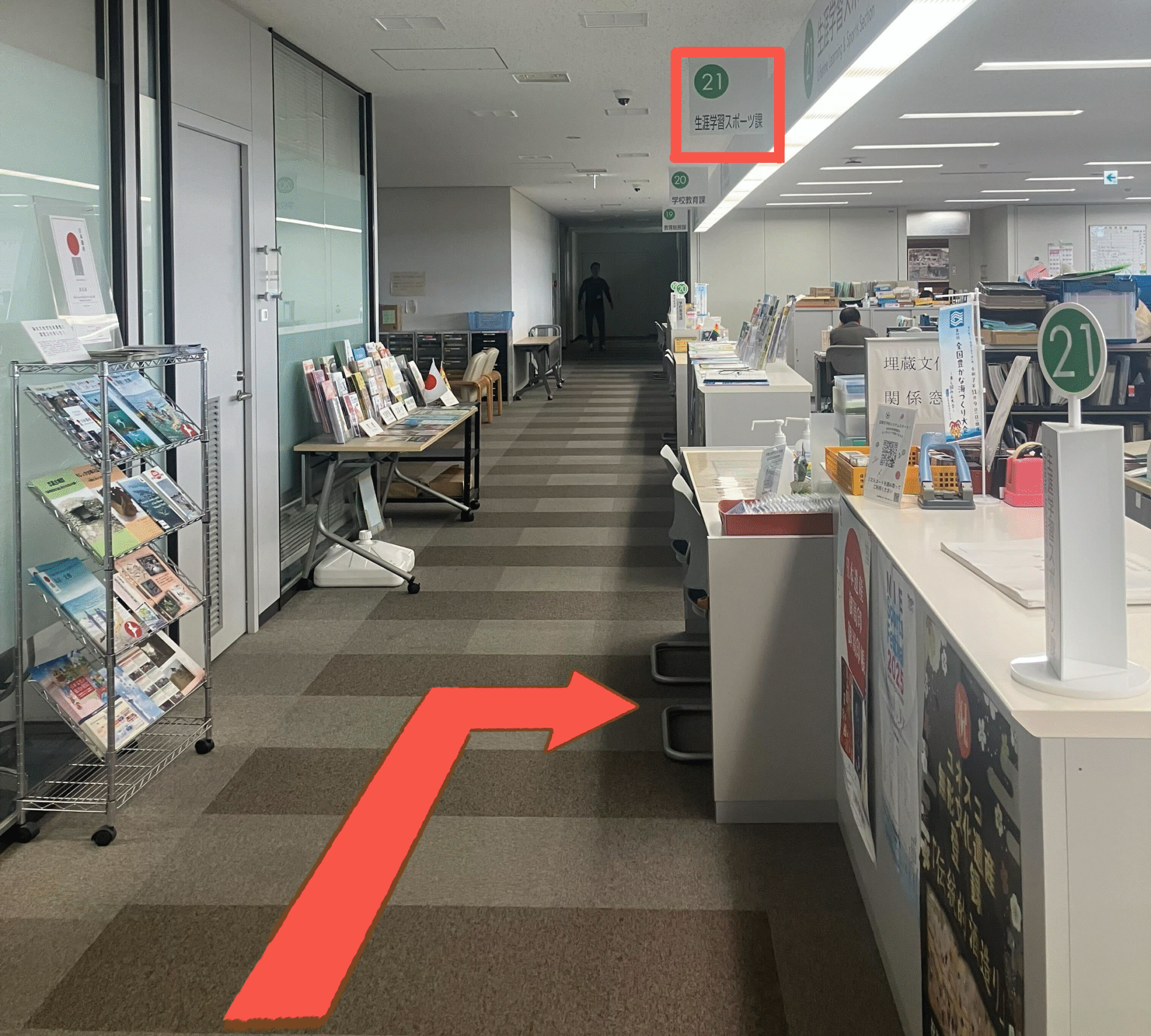 3階エレベーター降り口から生涯学習スポーツ課までの案内図